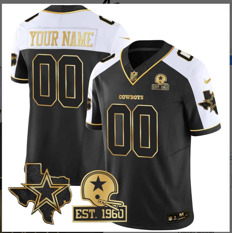 Men 2024 Nike NFL Dallas Cowboys Texas Patch Gold Vapor Custom Jersey